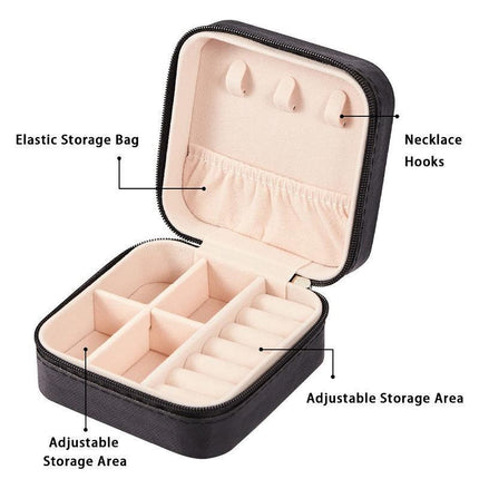 Travel Jewelry Organizer Box Portable Leather Storage Ornaments Ring Earrings - Black (10x10x5cm).