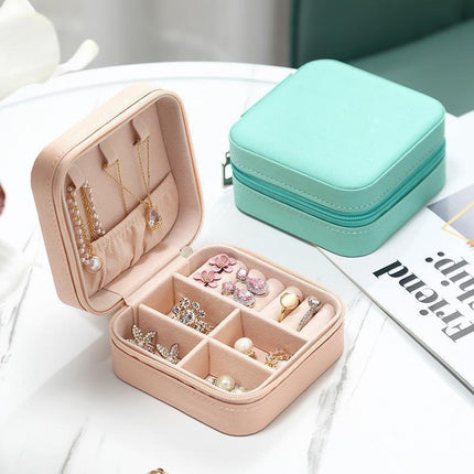 Travel Jewelry Organizer Box Portable Leather Storage Ornaments Ring Earrings - Green (10x10x5cm).