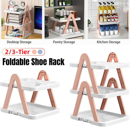2/3 Tier Removable Shoe Rack Folding Storage Shelf Simple Space Saving Organizer - 2Tier-Blue.