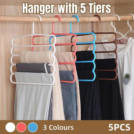 5pcs 5 Tier Trouser Rack Multifunctional Hanging Wardrobe Scarf Tie Hanger Set - Blue.