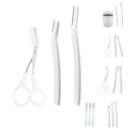 3Pcs Eyebrow Razor Set Facial Trimmer Shaver Blade Hair Remover Beauty Tool - Short+Long Eyebrow Razor+Scissor-White.
