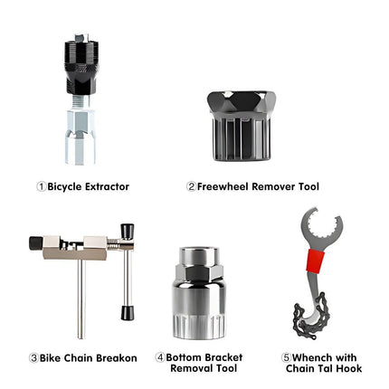5PCS Bike Repair Tool Kit Crank Puller Chain Breaker Freewheel Bottom Bracket Remover.