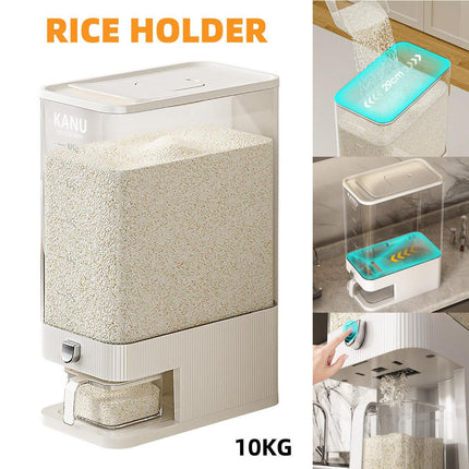 Rice Cereal Dispenser 10KG Grain Container Auto Food Storage Box Measuring Cup.