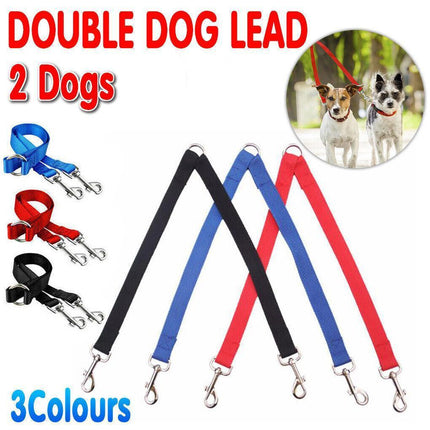 2 Way Double Dual Dog Leash Walk 2 Dogs With One Lead Coupler Nylon Harness - Blue.