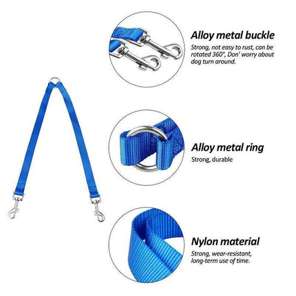 2 Way Double Dual Dog Leash Walk 2 Dogs With One Lead Coupler Nylon Harness - Blue.