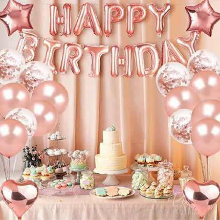 Rose Gold Birthday Balloon Party Decoration Set with Confetti Latex Foil Curtain.