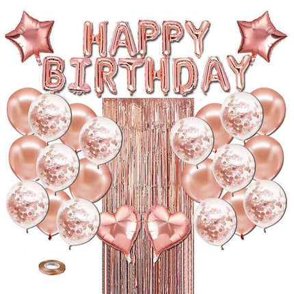 Rose Gold Birthday Balloon Party Decoration Set with Confetti Latex Foil Curtain.
