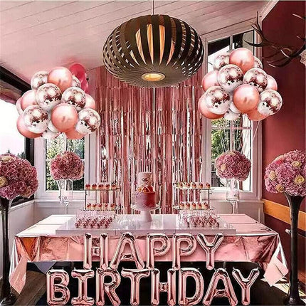 Rose Gold Birthday Balloon Party Decoration Set with Confetti Latex Foil Curtain.