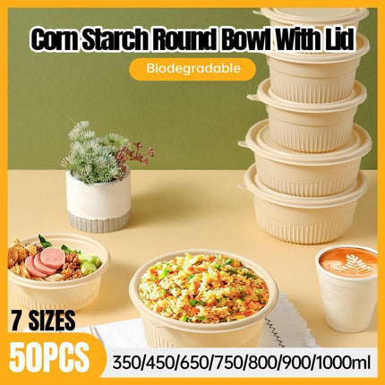 50PCS Biodegradable Corn Starch Lunch Box Round Takeout Containers Eco Friendly - 800ml.