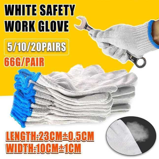 White Cotton Work Gloves Knitted Heavy Duty for Gardening or Warehouse Use - 5Pairs.