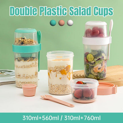 Double Plastic Salad Cup with Fork Sealed Breakfast Container for On-the-Go Meal - 560ml-Green.