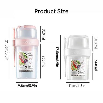 Double Plastic Salad Cup with Fork Sealed Breakfast Container for On-the-Go Meal - 560ml-Green.