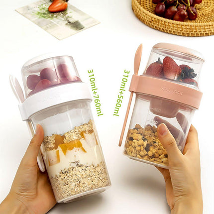 Double Plastic Salad Cup with Fork Sealed Breakfast Container for On-the-Go Meal - 560ml-Green.