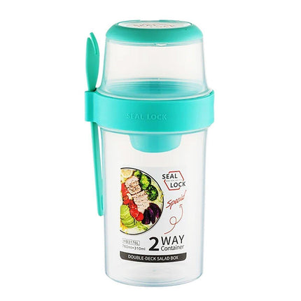 Double Plastic Salad Cup with Fork Sealed Breakfast Container for On-the-Go Meal - 560ml-Green.