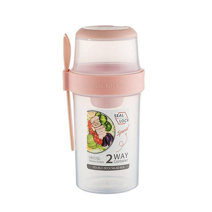Double Plastic Salad Cup with Fork Sealed Breakfast Container for On-the-Go Meal - 560ml-Green.