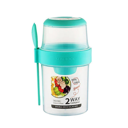 Double Plastic Salad Cup with Fork Sealed Breakfast Container for On-the-Go Meal - 560ml-Green.