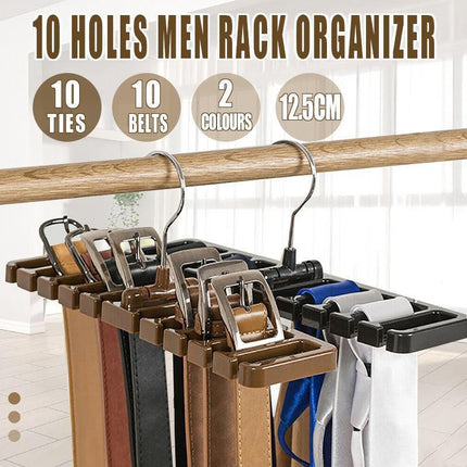 10 Slot Tie and Belt Hanger for Wardrobe Mens Closet Rack Organiser Hook - Brown.