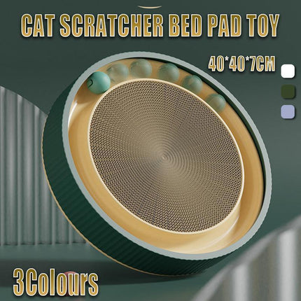 Cat Scratcher Lounge Bed Toy 40cm Round Foldable Cardboard Pad with Ball Track - Blue.