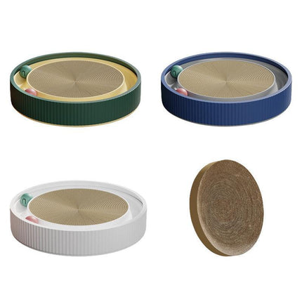 Cat Scratcher Lounge Bed Toy 40cm Round Foldable Cardboard Pad with Ball Track - Blue.