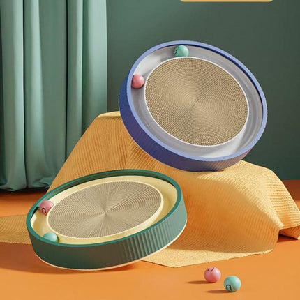 Cat Scratcher Lounge Bed Toy 40cm Round Foldable Cardboard Pad with Ball Track - Blue.
