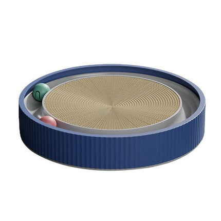 Cat Scratcher Lounge Bed Toy 40cm Round Foldable Cardboard Pad with Ball Track - Blue.