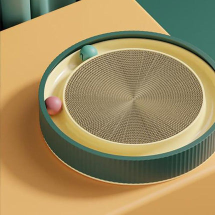 Cat Scratcher Lounge Bed Toy 40cm Round Foldable Cardboard Pad with Ball Track - White.