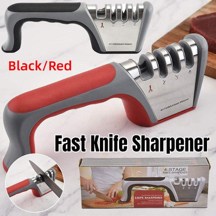 Four Stage Knife Sharpener Multifunction Kitchen Blade Sharpening Tool Quick Use - Red.