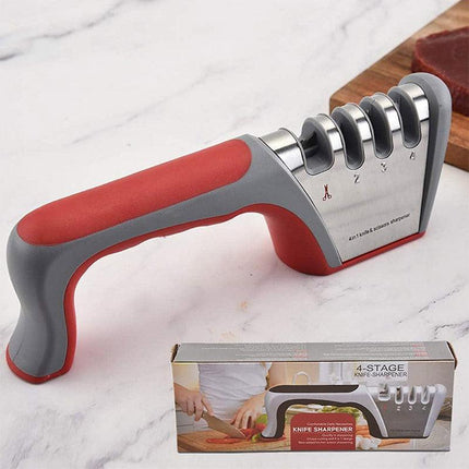 Four Stage Knife Sharpener Multifunction Kitchen Blade Sharpening Tool Quick Use - Red.