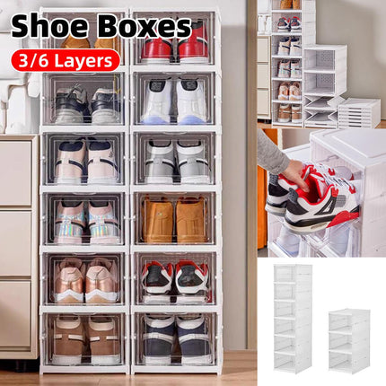 Easy Assemble Shoe Box Foldable Rack 3/6 Layers Storage Transparent Drawers - 3-Tier.