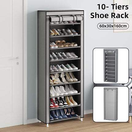10 Tier Black Shoe Rack Dustproof Organiser Shoe Storage Cabinet for Home Use.