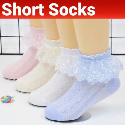 Lace Ruffle Frilly Short Socks for Girls Ankle Length M Size Fits 4-6 Years - Pink.