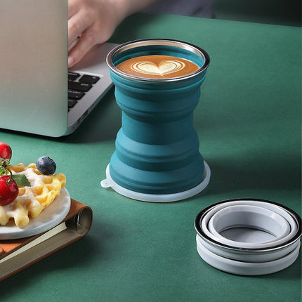 Silicone Folding Travel Mug Portable Retractable Collapsible Mug Outdoor Camping - Grey Lake Blue.