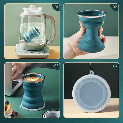 Silicone Folding Travel Mug Portable Retractable Collapsible Mug Outdoor Camping - Grey Lake Blue.