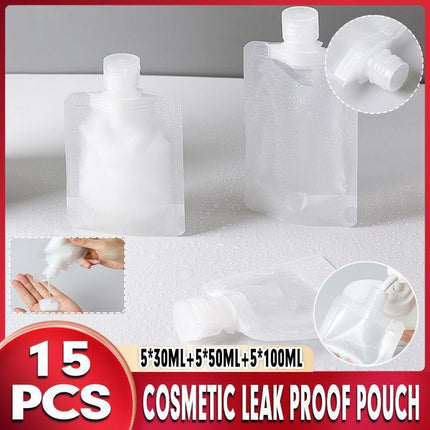 15PCS Reusable Cosmetic Travel Leakproof Pouch Set 30ml 50ml 100ml.