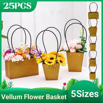 25x Kraft Paper Bag Flowers Waterproof Bouquet Basket Gift Box With Handle - 25PCS-Sq Big.