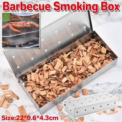 Stainless Steel Smoke Box Barbecue BBQ Smoking Wood Chip Smoker Grill Tool Box.