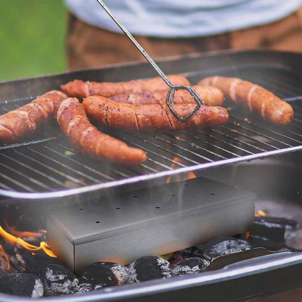 Stainless Steel Smoke Box Barbecue BBQ Smoking Wood Chip Smoker Grill Tool Box.
