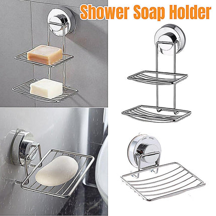 Shower Bar Holder Suction Basket Wall Mounted Stainless Steel Bathroom Soap Dish - Double Layer.