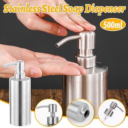 Soap Dispenser 500ml Stainless Steel Pump Silver Bathroom Liquid Container.