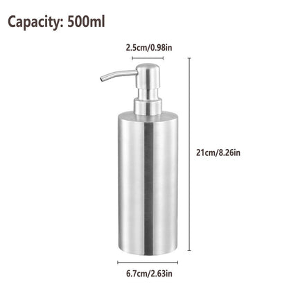 Soap Dispenser 500ml Stainless Steel Pump Silver Bathroom Liquid Container.