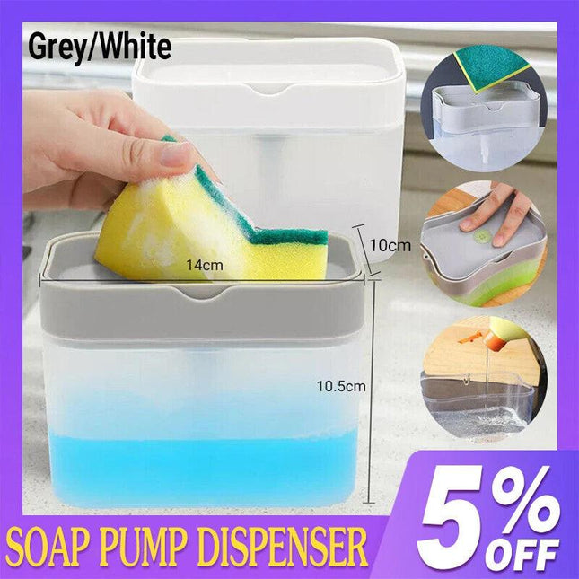 2 In 1 Soap Pump Dispenser Sponge Holder Dish Washing Liquid Container Kitchen - Grey.