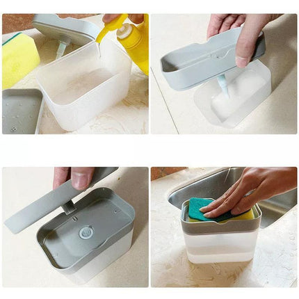 2 In 1 Soap Pump Dispenser Sponge Holder Dish Washing Liquid Container Kitchen - White.