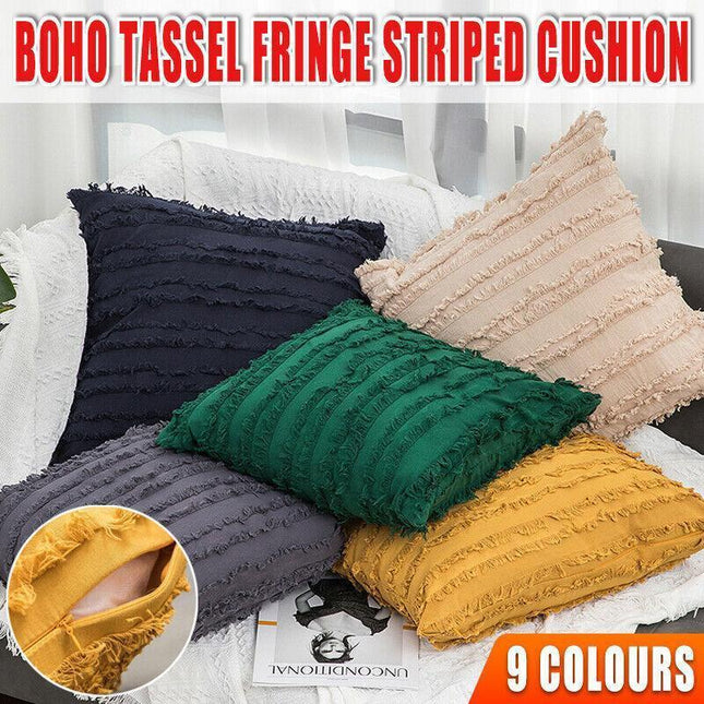 Boho Tassel Fringe Striped Cushion Cover Soft Home Decor Sofa Throw Pillow Case - White.