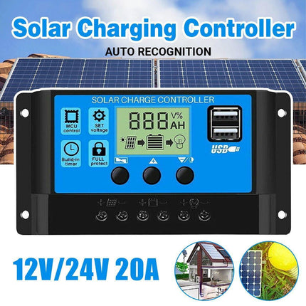 20A Solar Charge Controller 12V 24V LCD 2 USB Ports Lead-Acid Regulator.