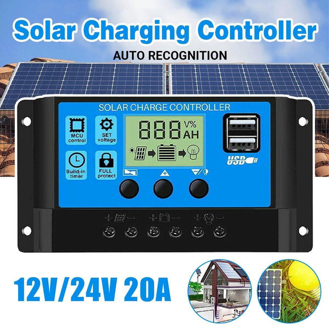 20A Solar Charge Controller 12V 24V LCD 2 USB Ports Lead-Acid Regulator.
