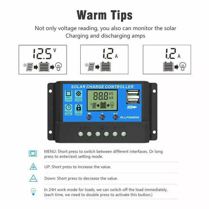 20A Solar Charge Controller 12V 24V LCD 2 USB Ports Lead-Acid Regulator.