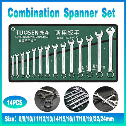14 Piece Metric Combination Spanner Set with Roll Bag 8mm to 24mm Heavy Duty.