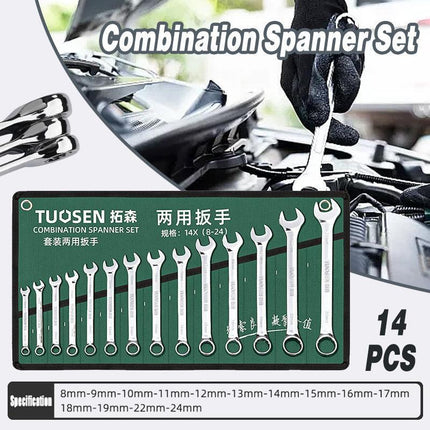 14 Piece Metric Combination Spanner Set with Roll Bag 8mm to 24mm Heavy Duty.