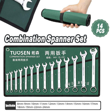 14 Piece Metric Combination Spanner Set with Roll Bag 8mm to 24mm Heavy Duty.