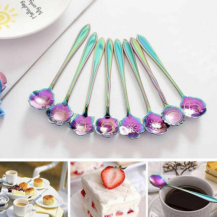 8X Spoon Long Handle Dessert Tea Coffee Mixing Spoon Stainless Steel Teaspoon - Rainbow.